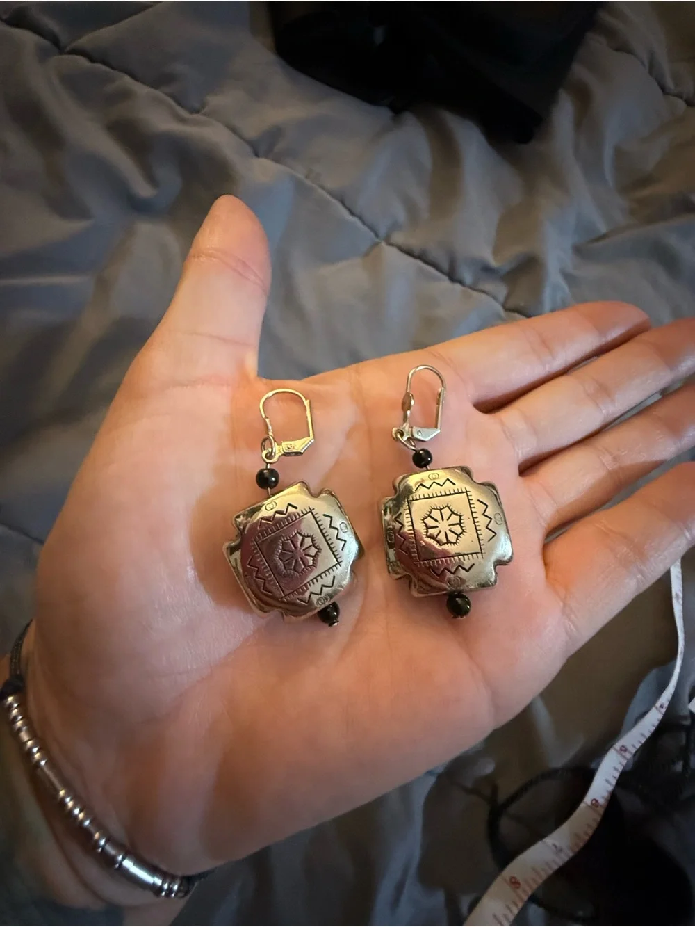 Vintage Southwestern Silver Tone Dangle Earrings Black Bead Boho Western